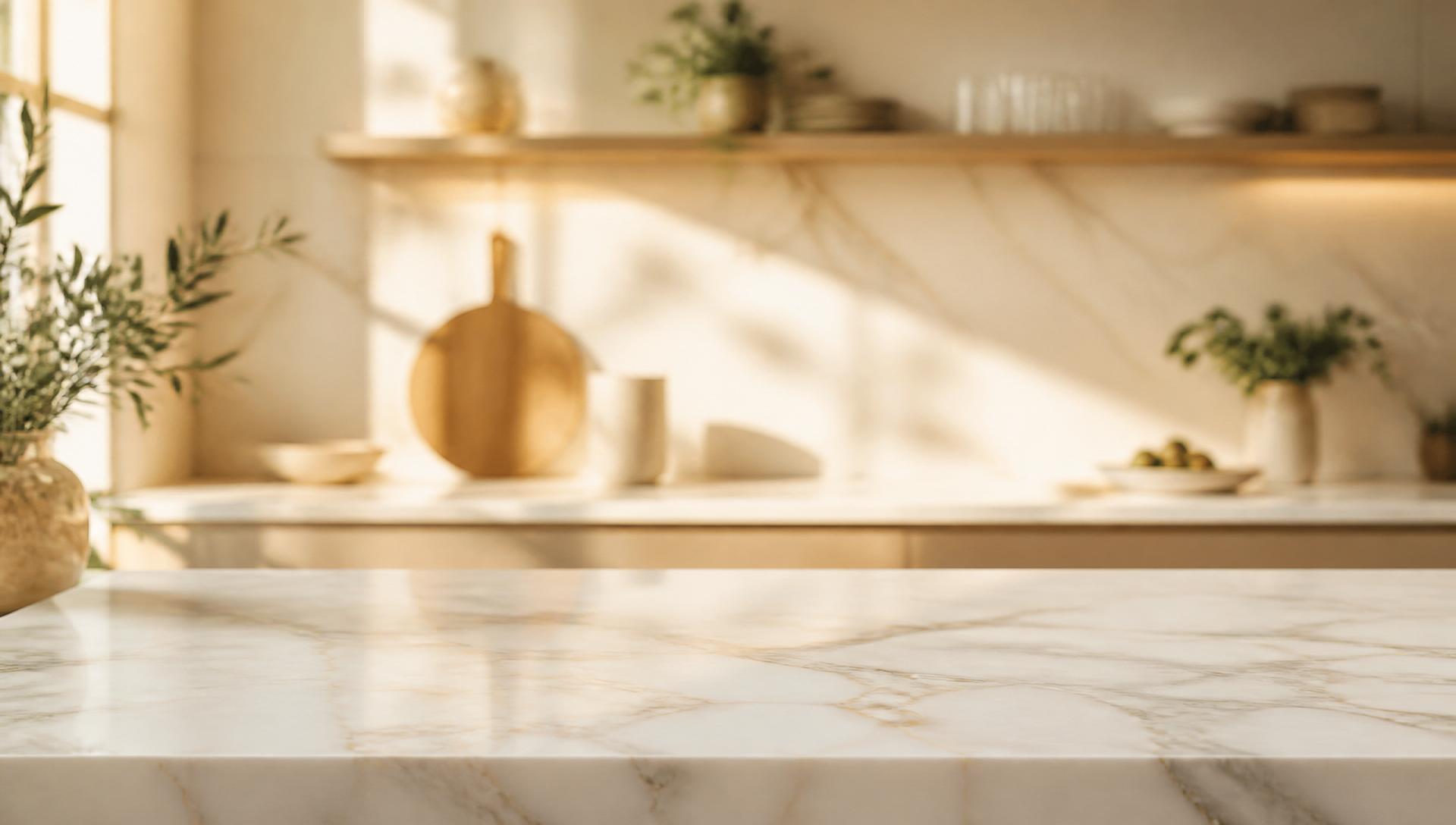 Cozinha moderna com panelas premium sobre bancada de mármore